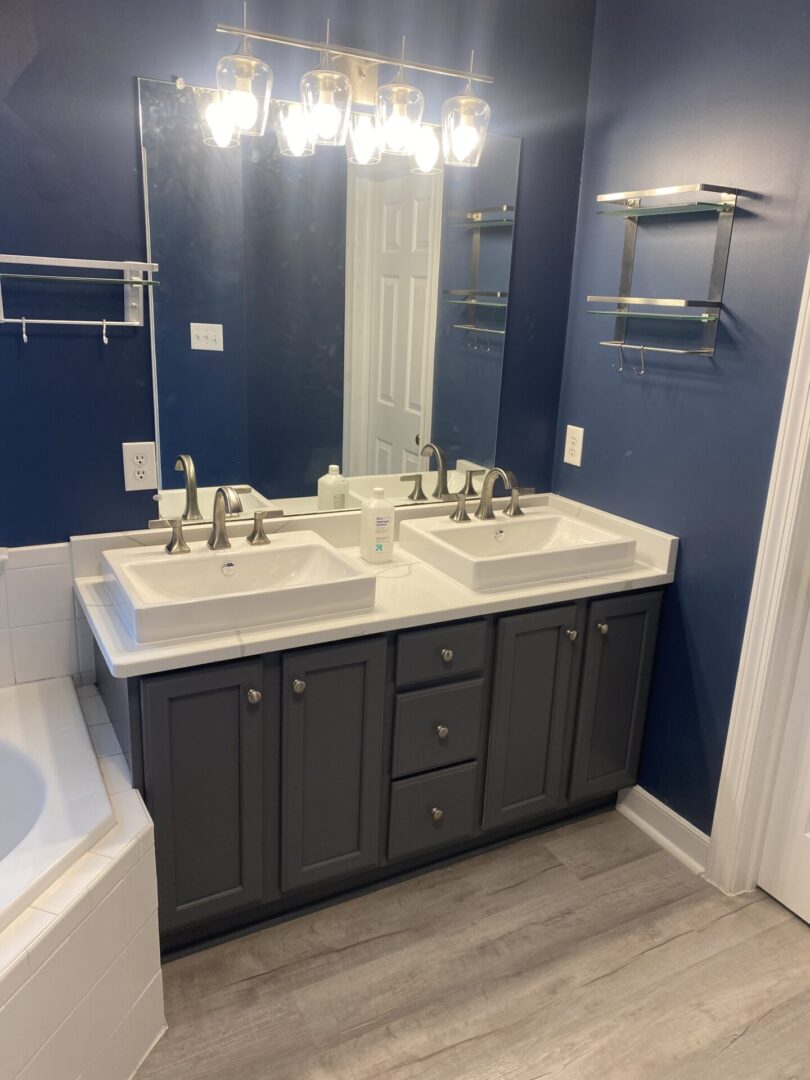 A modern bathroom with two sinks